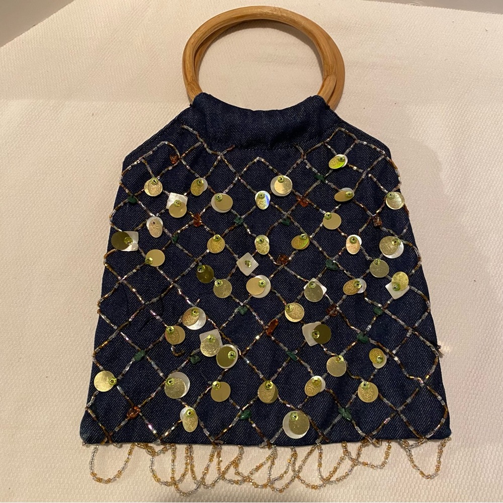 Boho style beaded with wooden handles hand bag